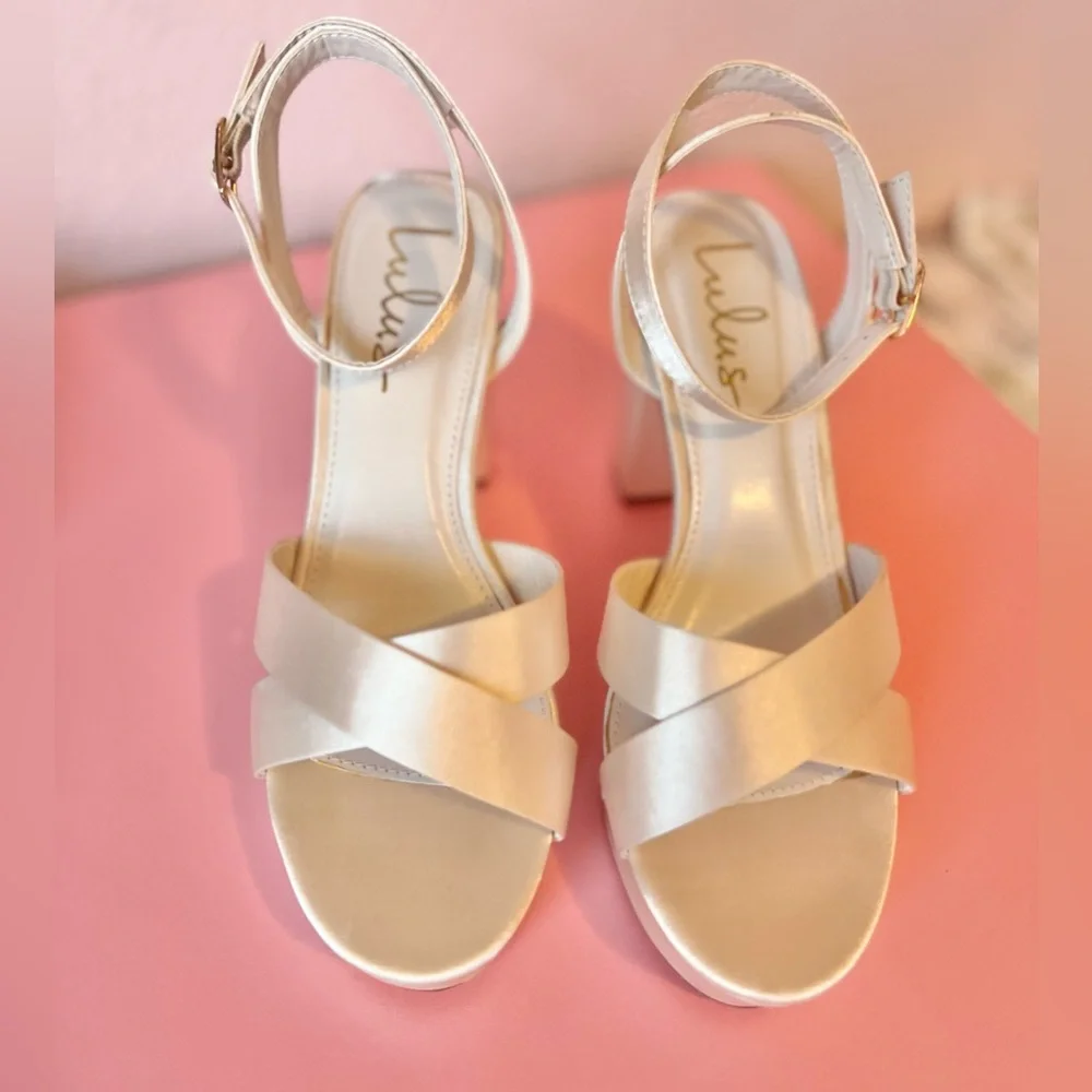 Selah Champagne Satin Ankle Strap Block Heels by Lulus